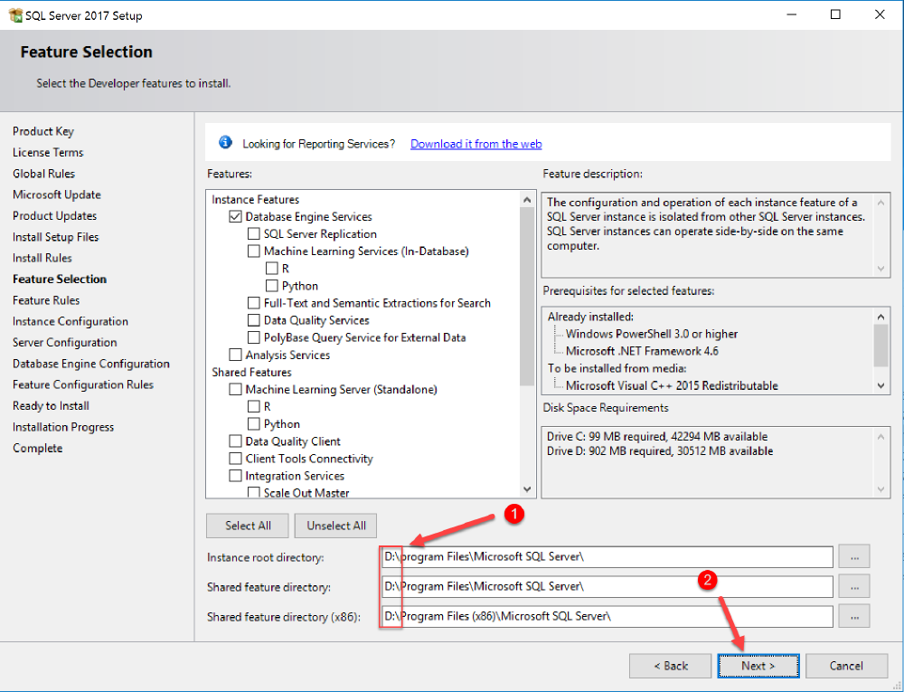 install sql features